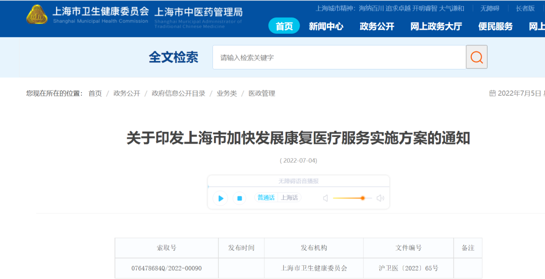 重磅！上海发布康复医疗提升方案，康复医疗发展驶入快车道！